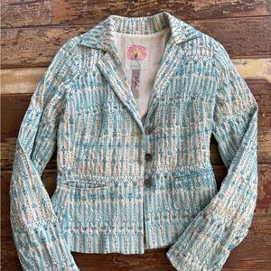 Biya Johnny Was 100% Silk embroidered blue and white blazer suit jacket | Small
